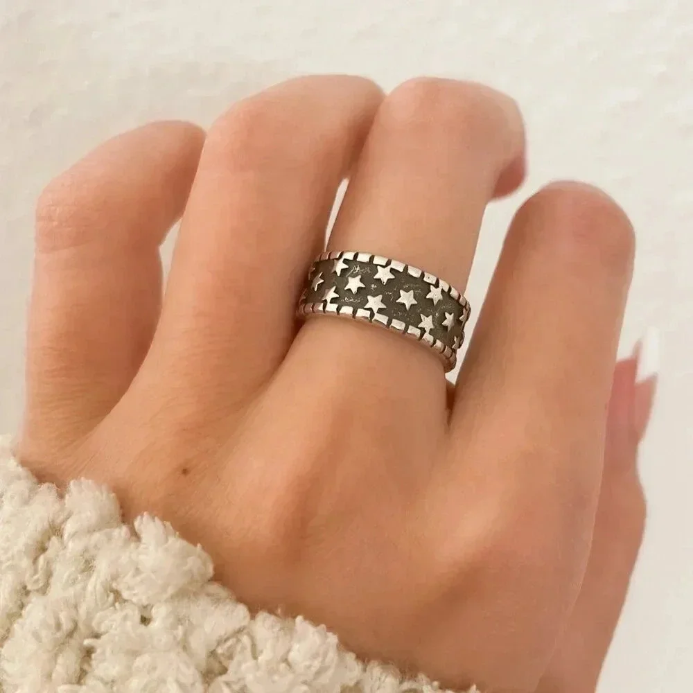 925 Sterling Silver Star Ring Band Black & Silver Star Ring Celestial Ring
